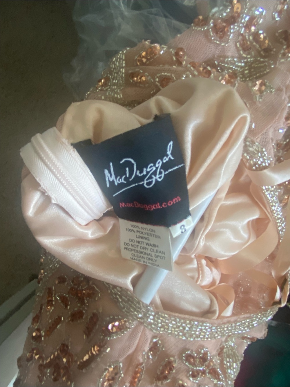 Mac Duggal Blush Pink Satin Evening Dress with Sequin Embellishment